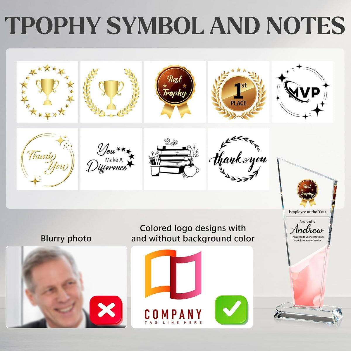 Personalized Crystal Trophy Award - Custom Plaque Award with Text Logo Photo - Employee Recognition Awards and