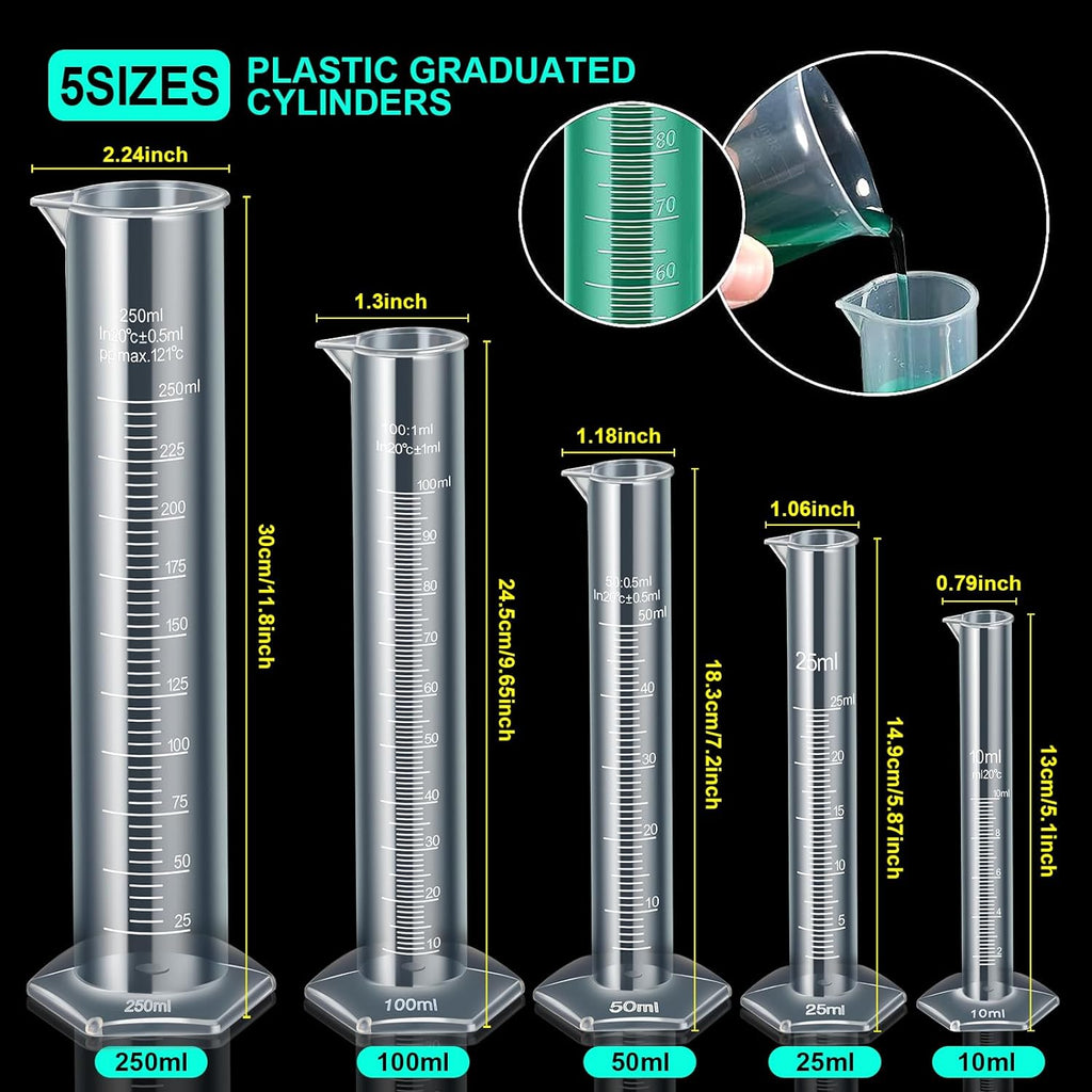 Graduated Cylinder Plastic Beaker, 5pcs Plastic Graduated Cylinder 10ml 25ml 50ml 100ml 250ml and 5pcs Plastic