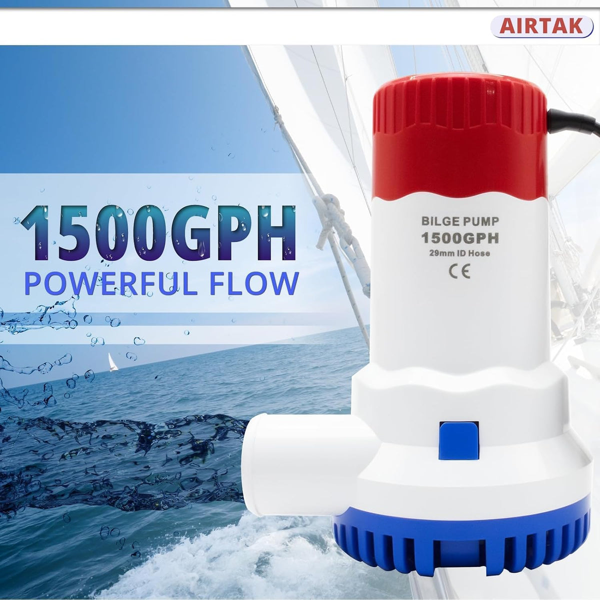 12V 1500 GPH Bilge Pump with Float Switch, 1 Pack
