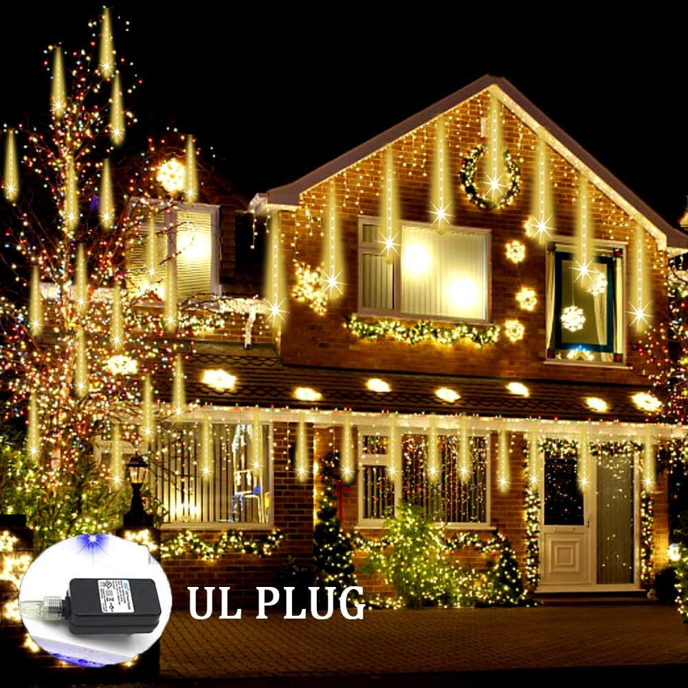 Christmas Lights Outdoor Falling Rain Meteor Shower Lights 12 inch 8 Tube 192 LED Snowfall Icicle Cascading String