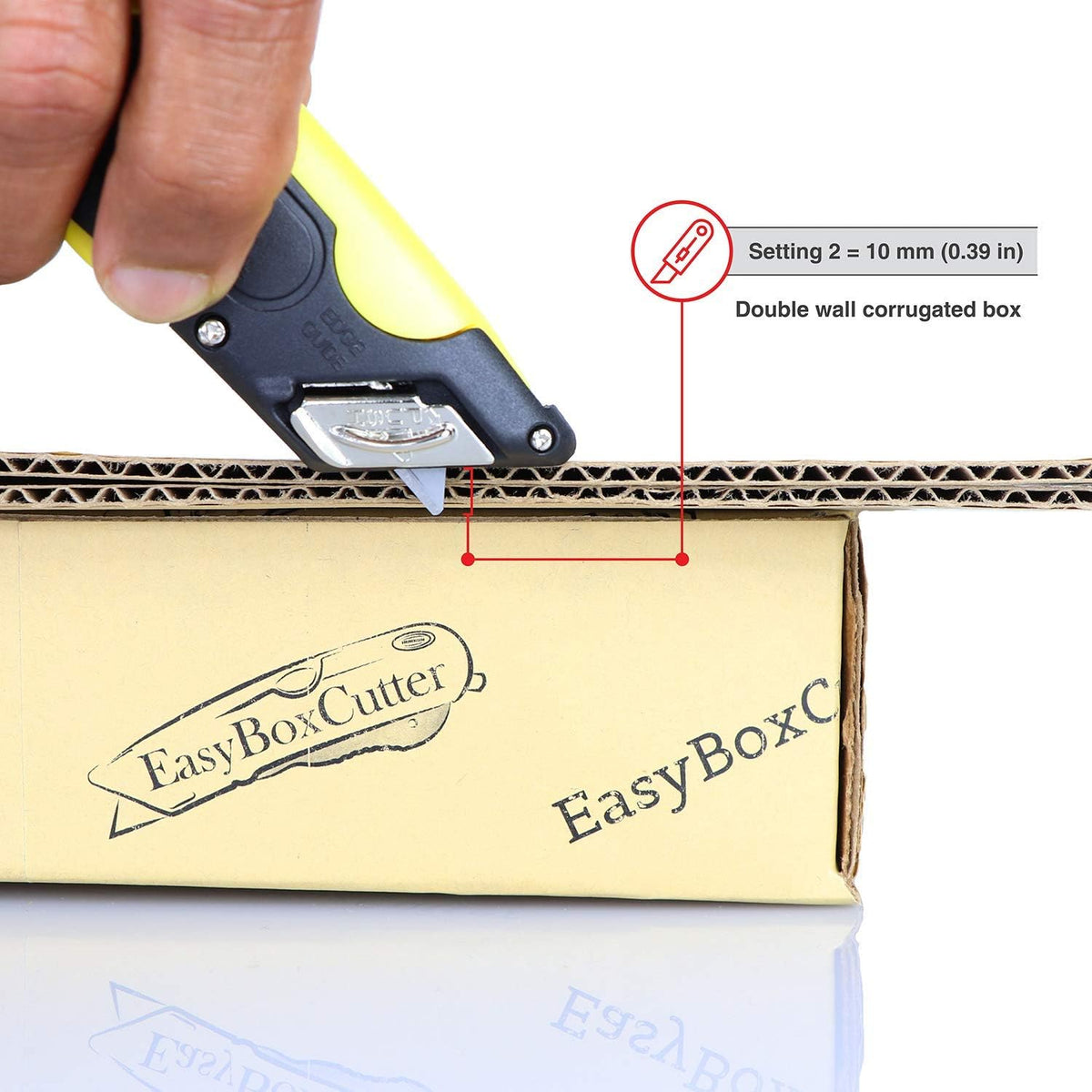 Modern Box Cutter, extra tape cutter at back, dual side edge guide, 3 blade depth setting, 2 blades and holster