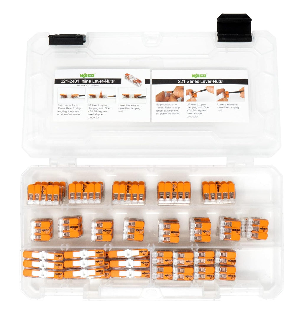 WAGO 221 Lever Nuts 90pc Compact Splicing Wire Connector Assortment with Case. Includes 221-2401, 221-412, 221-413