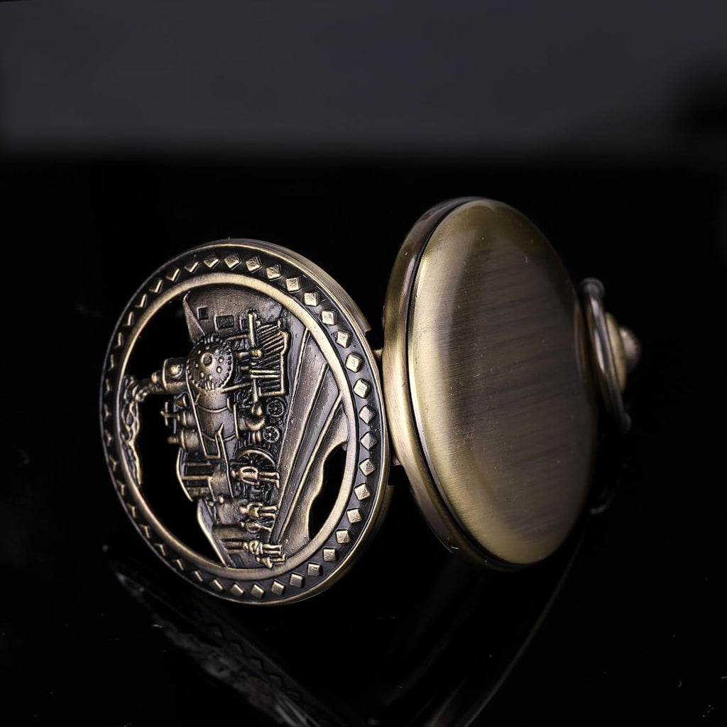 Antique Men Pocket Watch with Chain Oversized 50MM 1.96 Inch 3D Locomotive Steam Train Railroad Hollow + Box