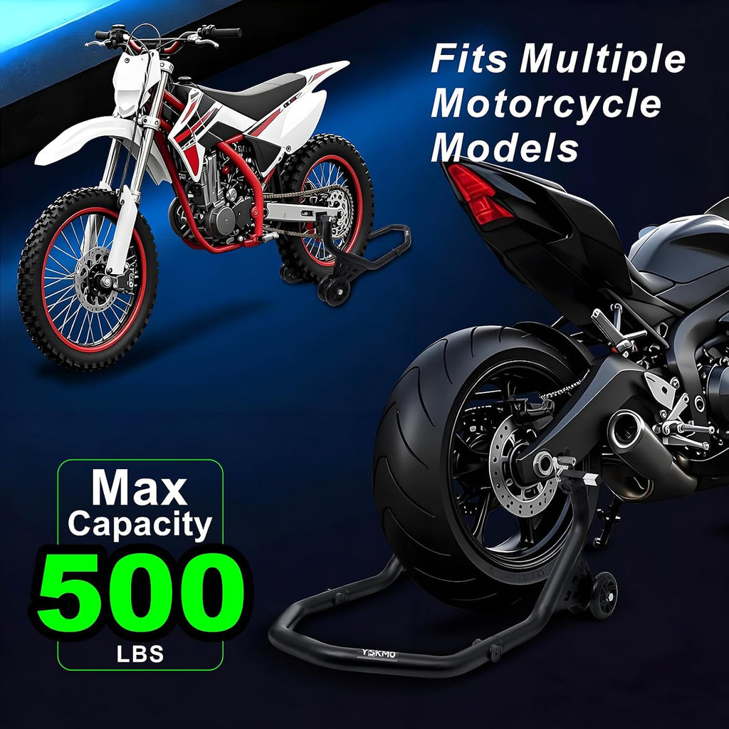 Motorcycle Rear Wheel Paddock Lift Stand, Matte Black, 500 LBS Capacity, U And L Shaped Support Adapters, 1.5 Inch