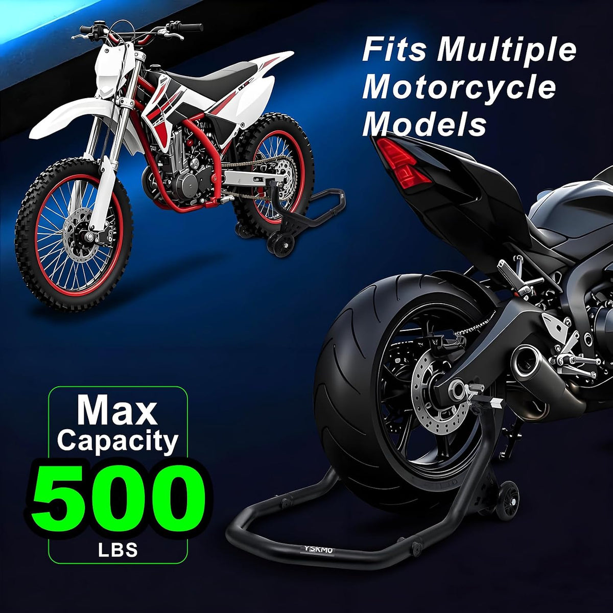 Motorcycle Rear Wheel Paddock Lift Stand, Matte Black, 500 LBS Capacity, U And L Shaped Support Adapters, 1.5 Inch