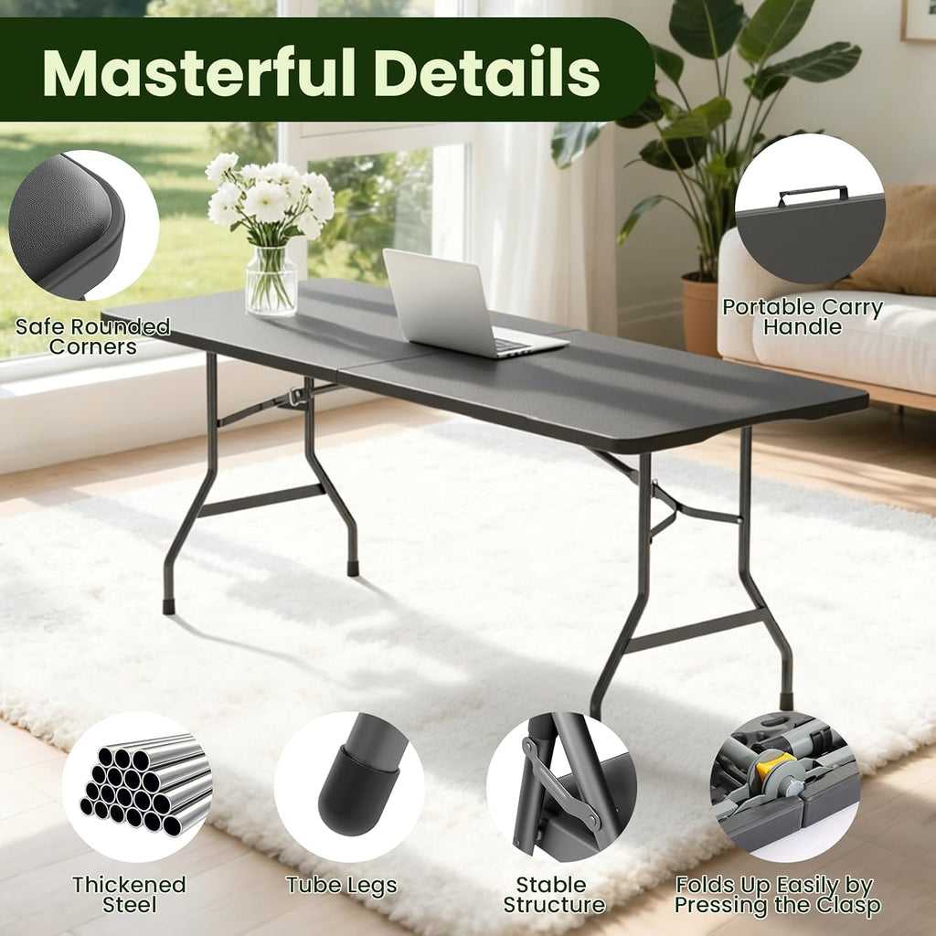 6FT Black Plastic Folding Table Set with 6 Black PU Padded Chairs | Portable Foldable Tables and Chairs for Parties