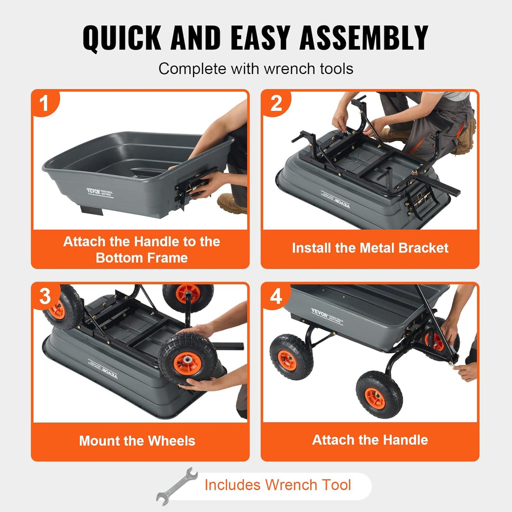 4 Cu.Ft. 600lbs Poly Garden Dump Cart, Heavy Duty 4 Wheel Wheelbarrow Yard Cart Dump Wagon with 10in All Terrain