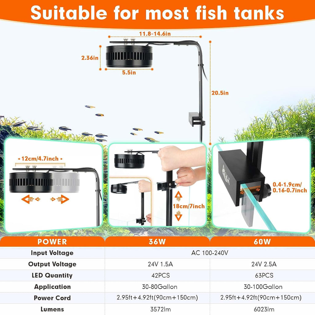 Clip On Aquarium Light for Plants, LED Fish Tank Stream Light, 35W