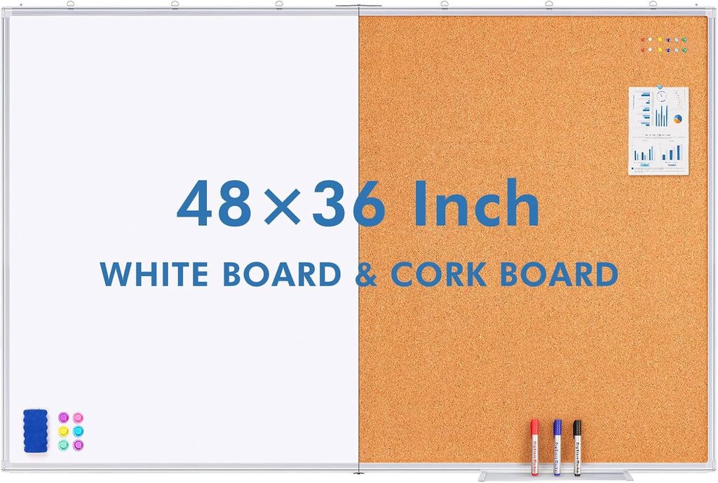 Magnetic White Board and Cork Board Combo, 48 X 36 inches Whiteboard Bulletin Combination Board, Wall Mounted Dry