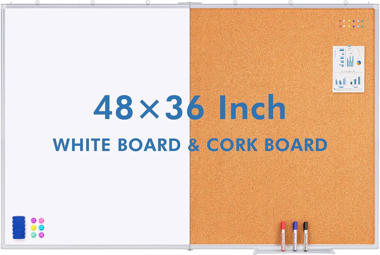 Magnetic White Board and Cork Board Combo, 48 X 36 inches Whiteboard Bulletin Combination Board, Wall Mounted Dry