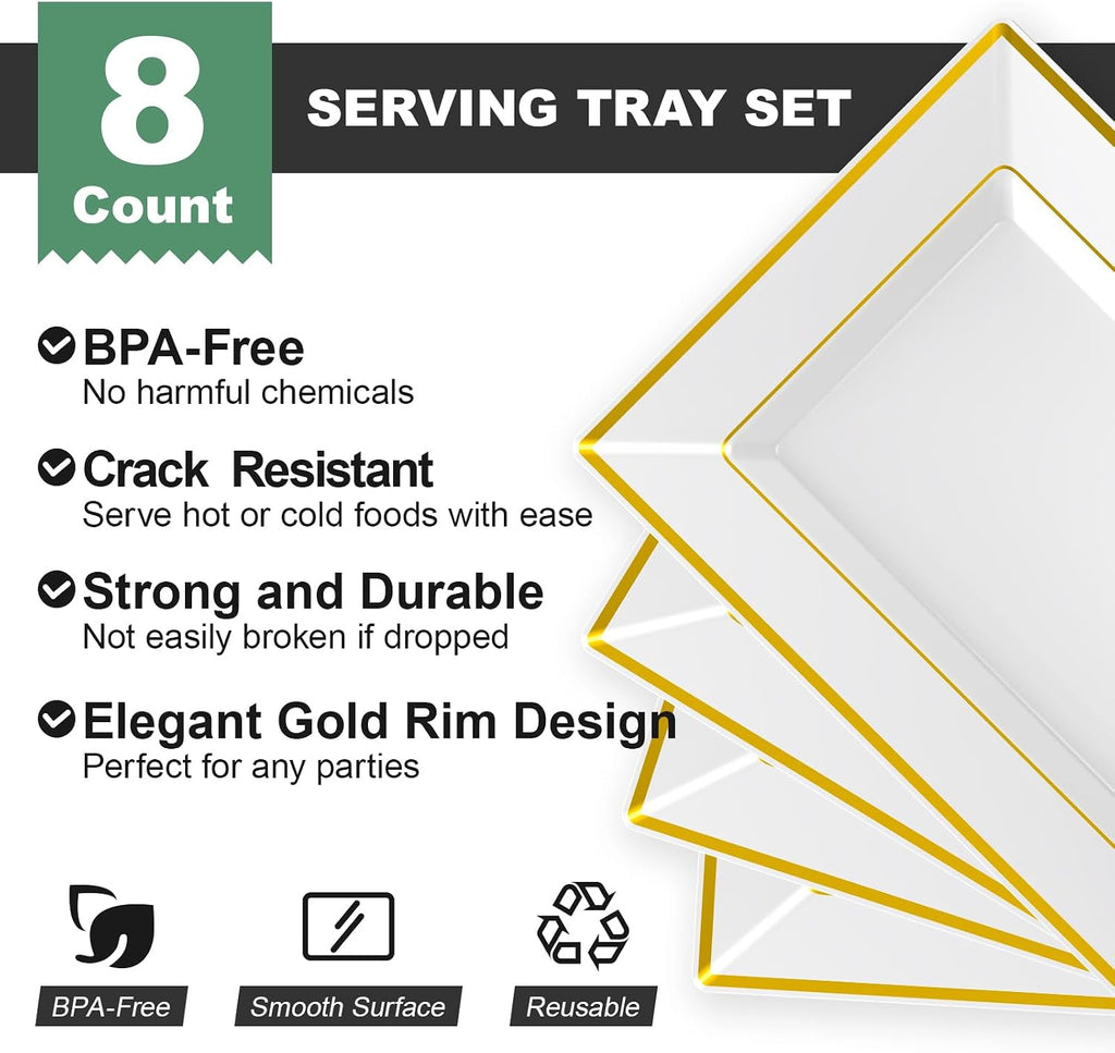 8 PCS Plastic Serving Trays for Party, White Gold Rim Platters
