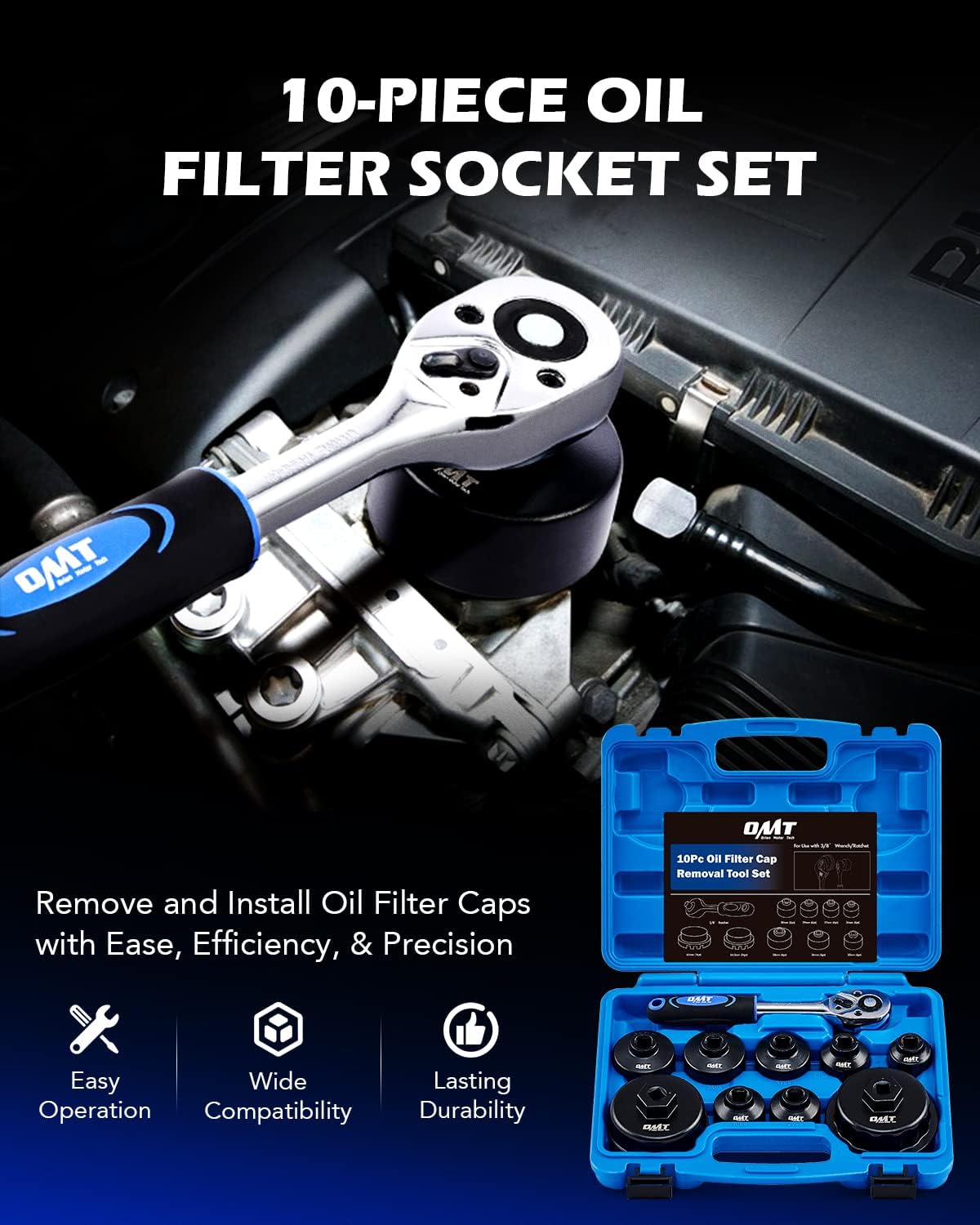 Oil Filter Wrench Set, 10pc Oil Filter Socket Set, 3/8" Drive Metric Oil Filter Cap Wrench Removal Tool Kit, Low