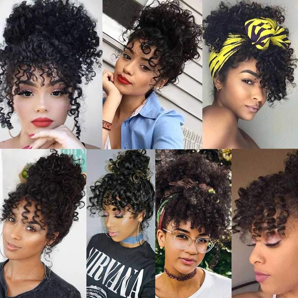 Curly Bangs for Black Women Short Afro Kinky Curly Bangs Clip in Bangs(1B,single bangs)