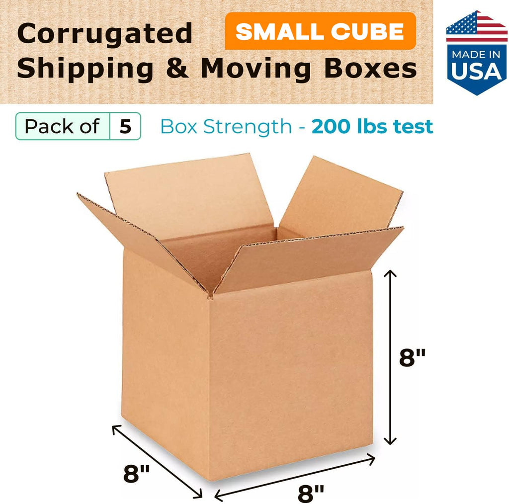 Cube Corrugated Shipping Boxes 8"L x 8"W x 8"H (Pack of 5) - Excellent Choice of Strong Packing Boxes for USPS, UPS