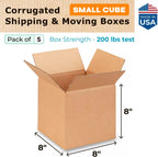 Cube Corrugated Shipping Boxes 8"L x 8"W x 8"H (Pack of 5) - Excellent Choice of Strong Packing Boxes for USPS, UPS
