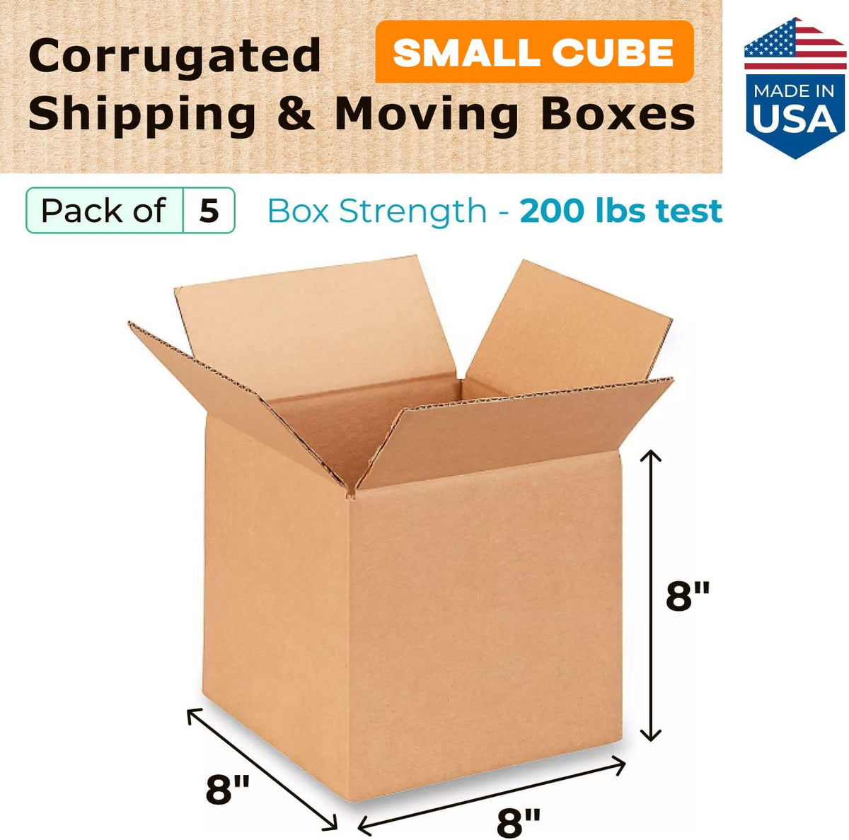 Cube Corrugated Shipping Boxes 8"L x 8"W x 8"H (Pack of 5) - Excellent Choice of Strong Packing Boxes for USPS, UPS