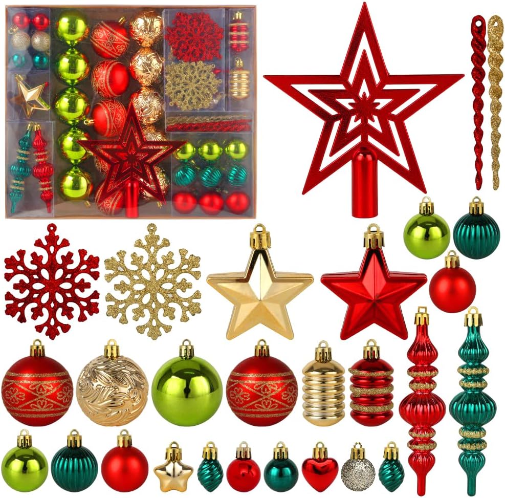 Christmas Tree Ornaments Set 78 Pack Red and Green Gold Christmas Baubles | Christmas Ball Shatterproof Hanging Tree