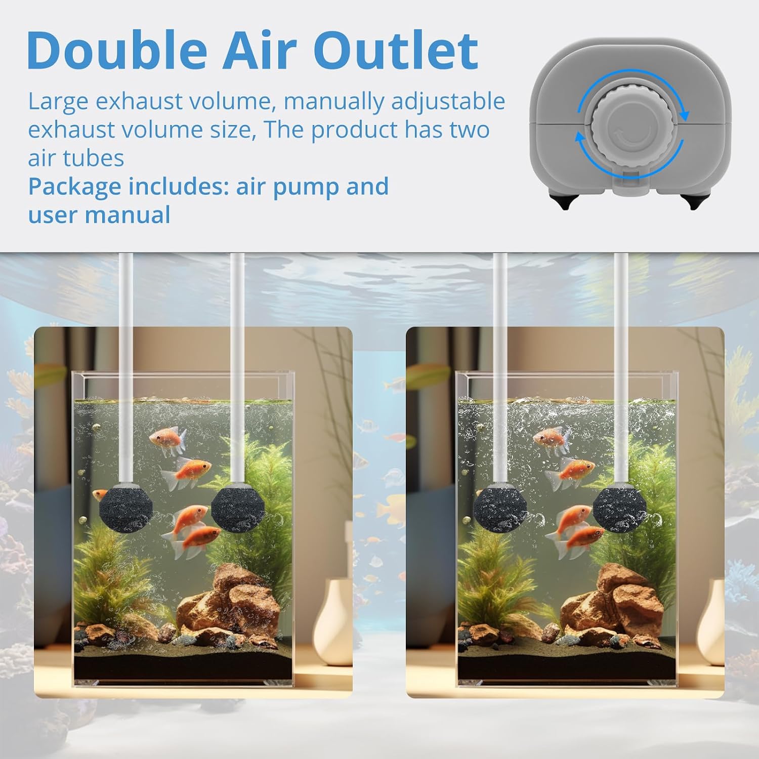 Aquarium Air Pump for Fish Tank, 2 Outlets Adjustable Bubbler, Ultra Quiet & Powerful (3W/5W/10W), Includes Air