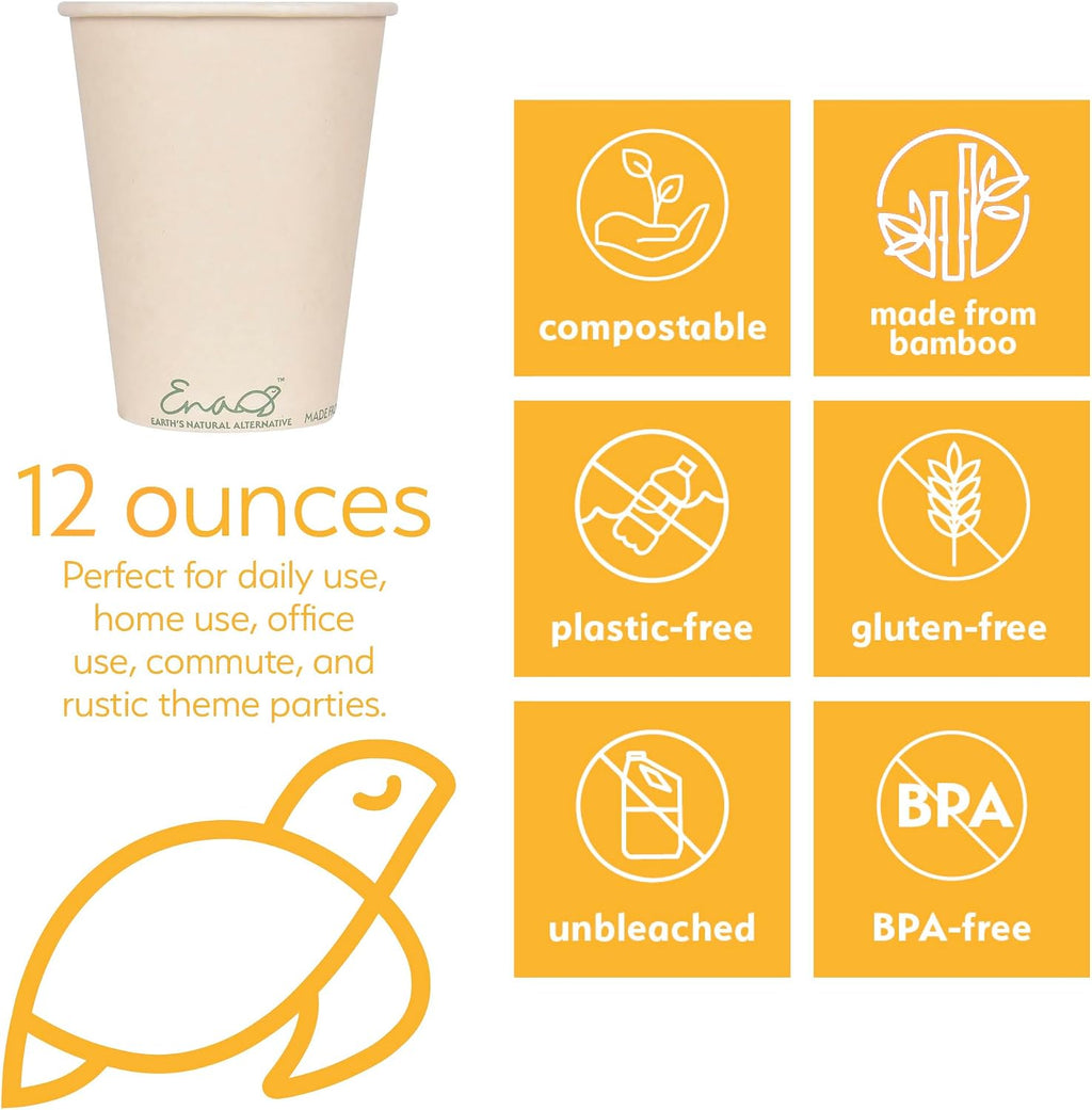 100% Compostable Disposable Coffee Cups with Lids 12oz 80 Set Paper Cups Made from Unbleached Bamboo Fiber