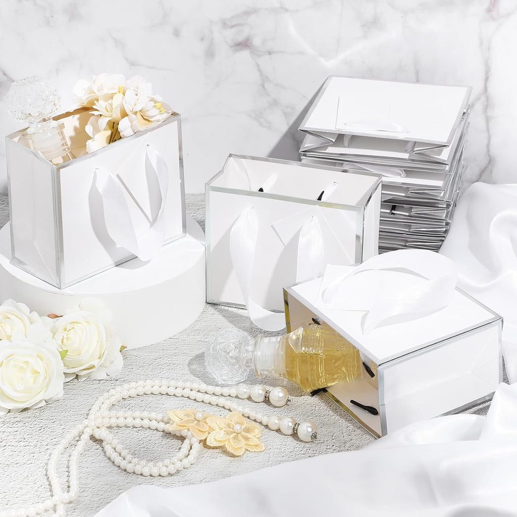 50 Pcs Mini Metallic Paper Gift Bags with Handle, White, Silver