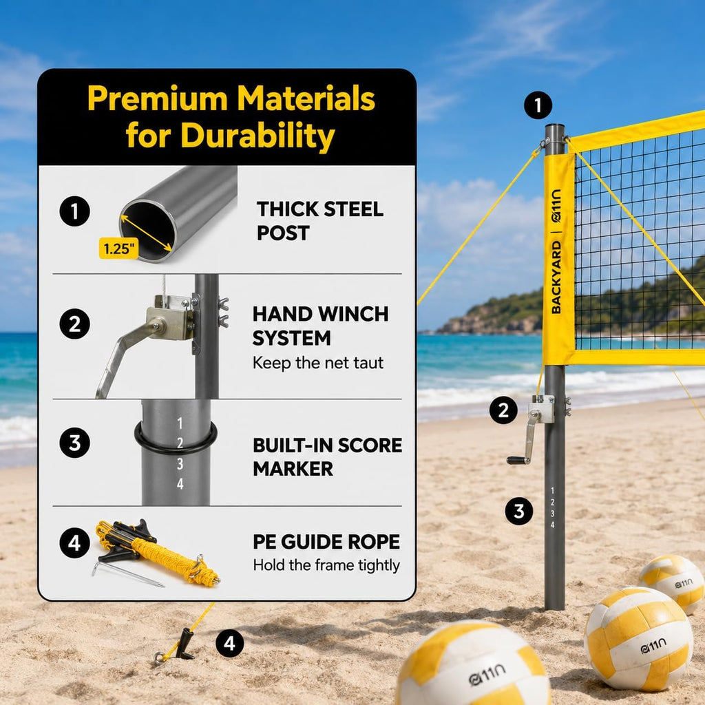 Outdoor Volleyball and Badminton Combo Set - Includes Adjustable Height Anti-Sag Net, Volleyball, Air Pump, 4
