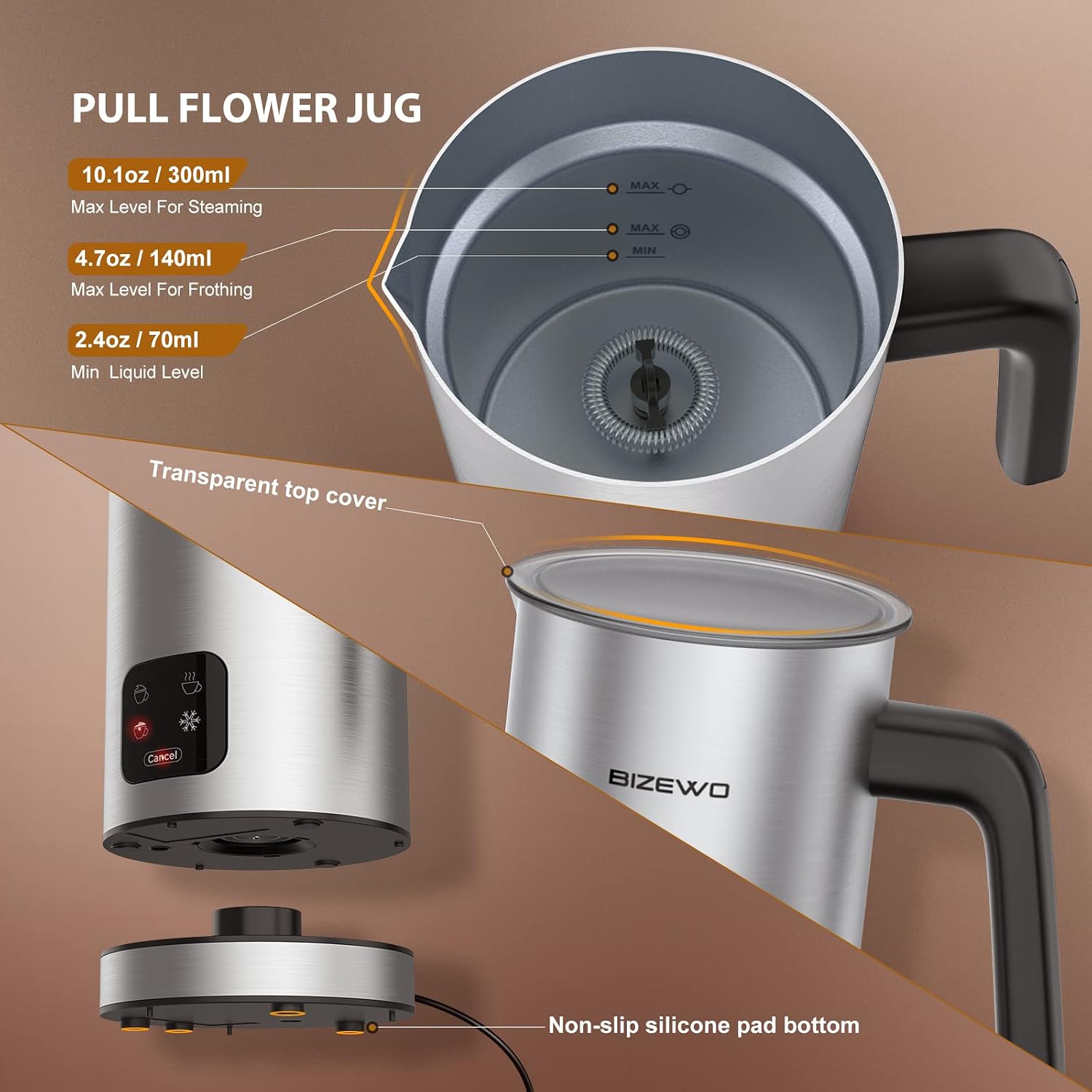 Milk Frother Electric, 4 IN 1 Warm and Cold Milk Steamer for Coffee Latte | Automatic Cold and Hot Foam, Stainless