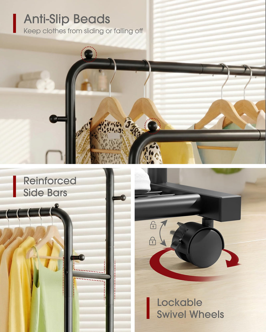 Double Rod Clothes Rack Mesh Shelf & Hooks, 28.7x16.5x59.1, Black