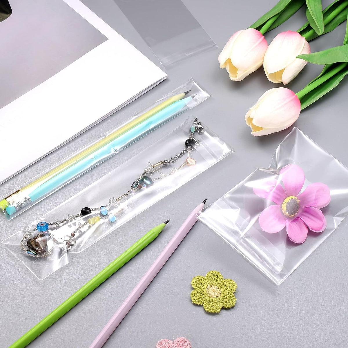 300Pcs Self-Sealing Cello Bags, 1x6 Inch Long Clear Flap Poly Bags