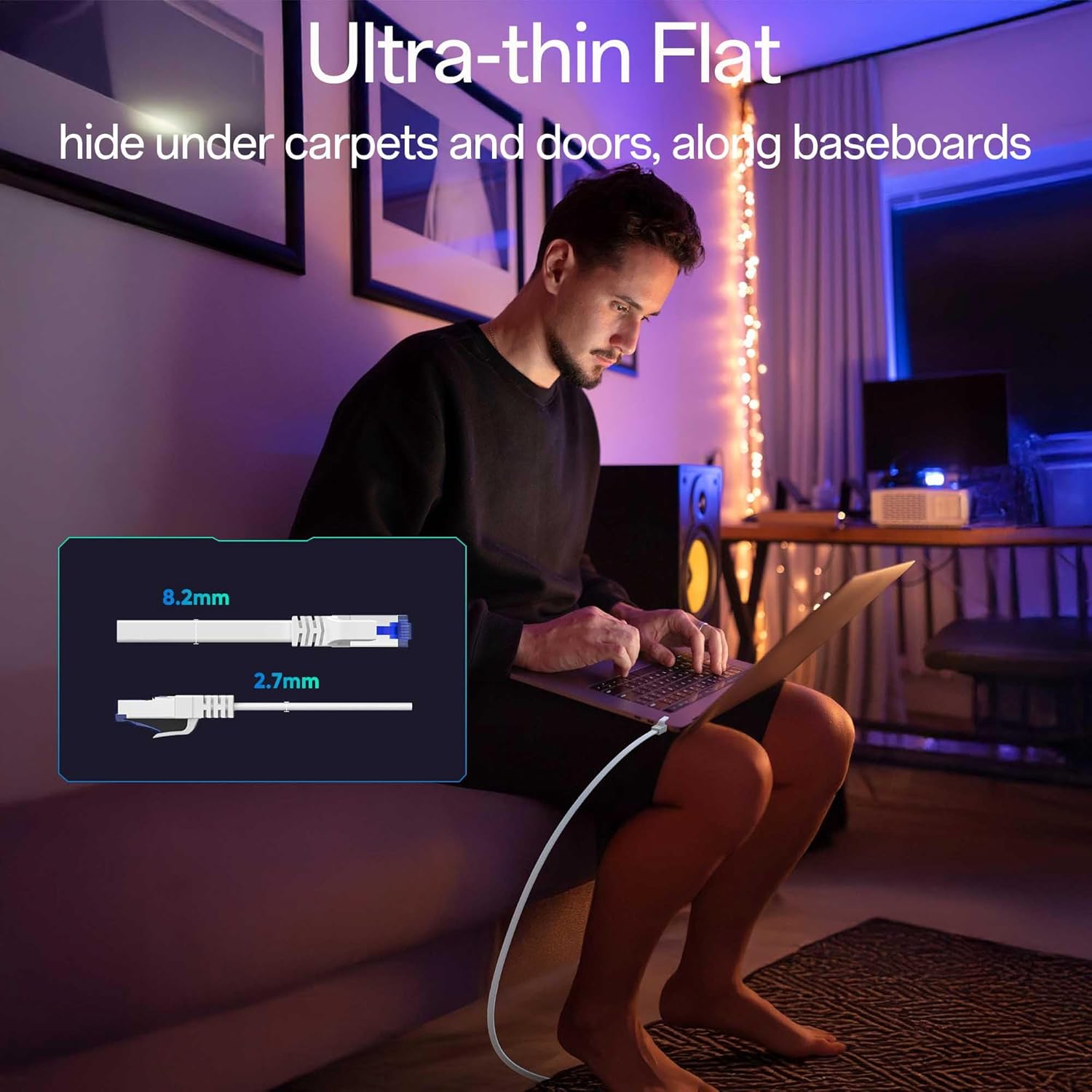 Cat8 Flat Ethernet Cable 100 FT Indoor & Outdoor, Invisable Ultra-Thin Ethernet Cable High Speed 40Gbps 2000Mhz