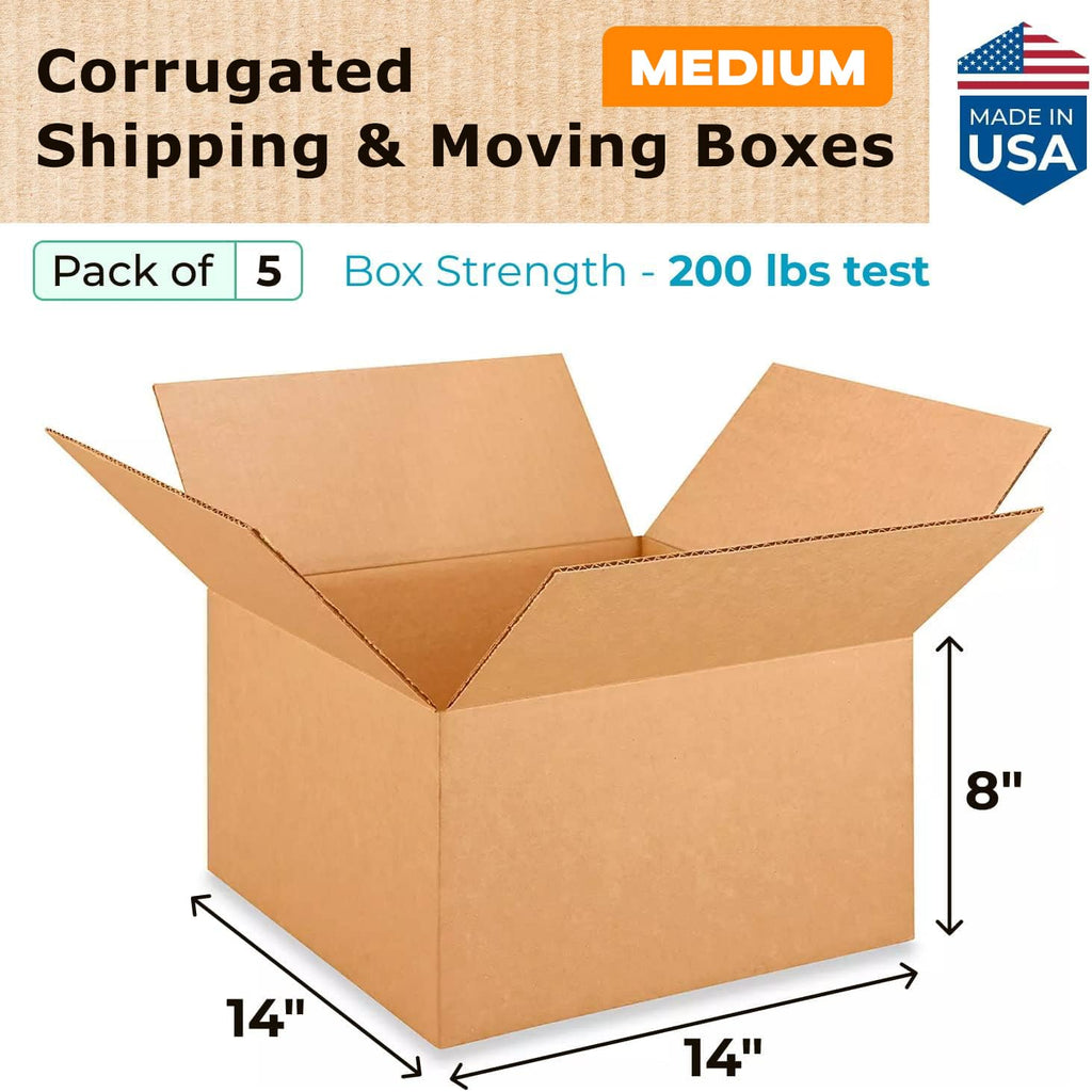 Medium Moving & Shipping Boxes 14 x 14 x 8 inches (5-Pack) - Extra Strength 200 lb vs Regular - USA-Made Corrugated