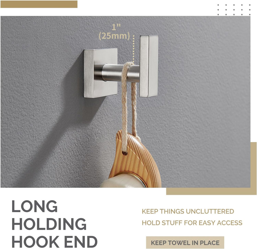 Towel Hook Brushed Nickel, Robe Coat Hand Towel Holder | Rustproof SUS304 Stainless Steel, Square Hook for Bathroom