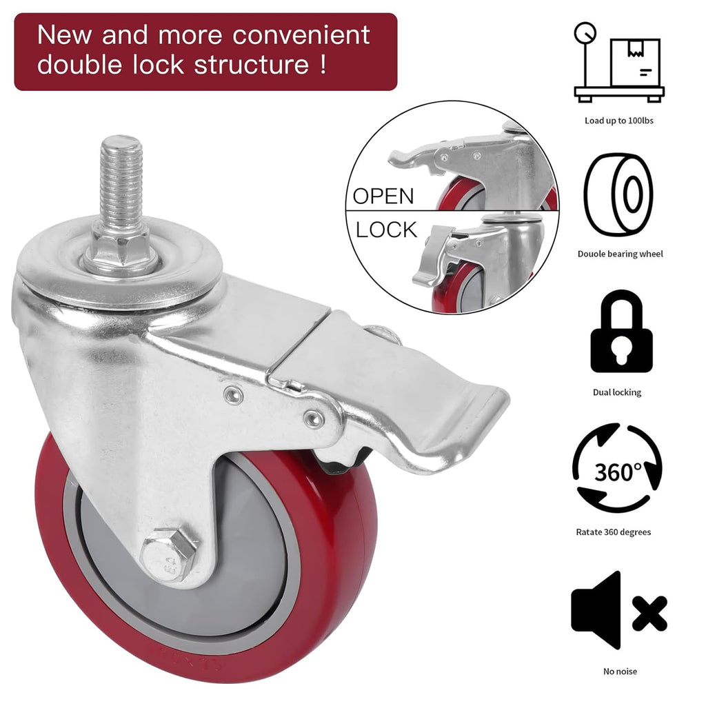 4 Inch Heavy Duty Stem Casters 360 Degree Swivel Thread Wheels with Metric Size M12-1.75 Screw Bolt Double Locking