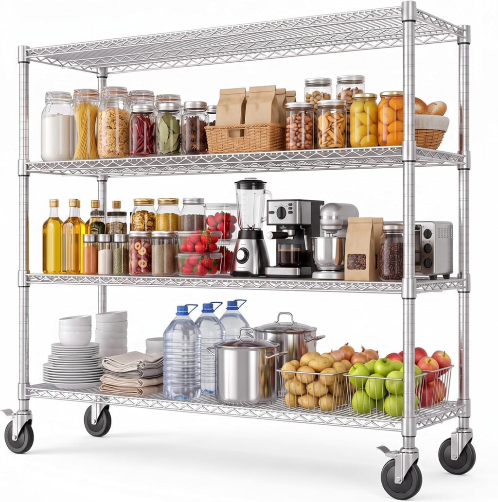 NSF Adjustable Lockable Wire Shelving Rack with Wheels, 4-Tier, 47" W