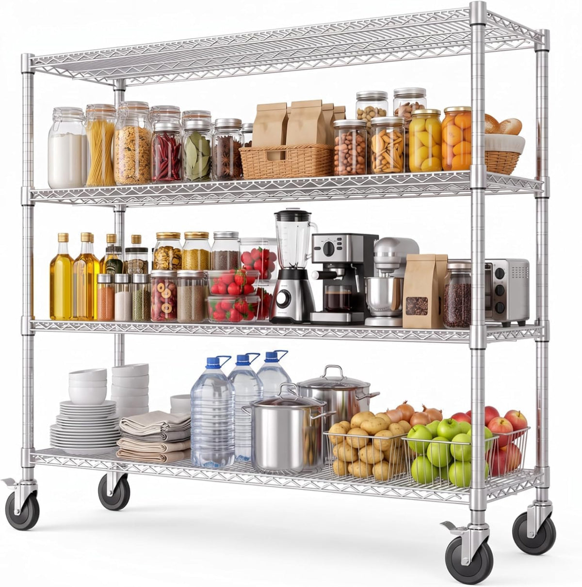 NSF Adjustable Lockable Wire Shelving Rack with Wheels, 4-Tier, 47" W