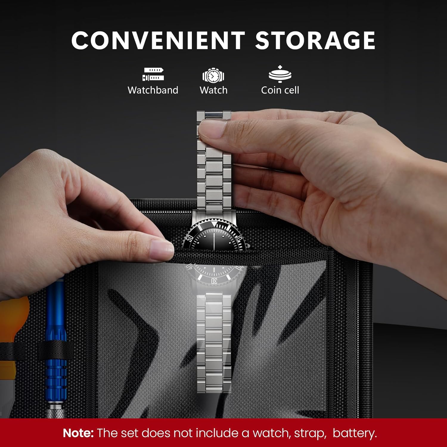 Watch Repair Kit + Watch Press Tool, Battery Replacement, Strap Adjustment, Wrench Opening Back Cover, Case