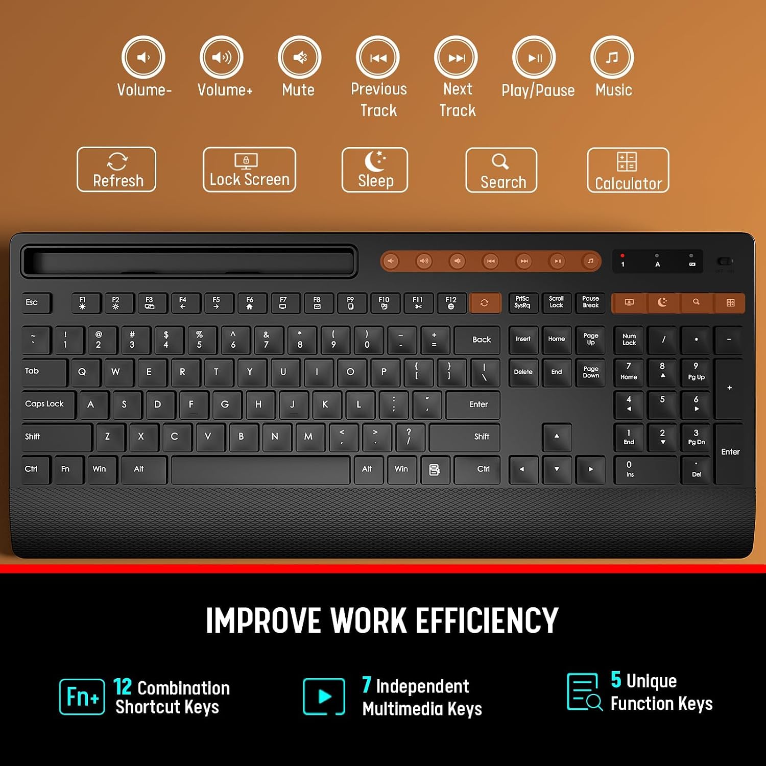 Wireless Keyboard and Mouse Combo, Full Size with Palm Rest | Quiet Typing, Phone Holder, Multimedia Keys, Power