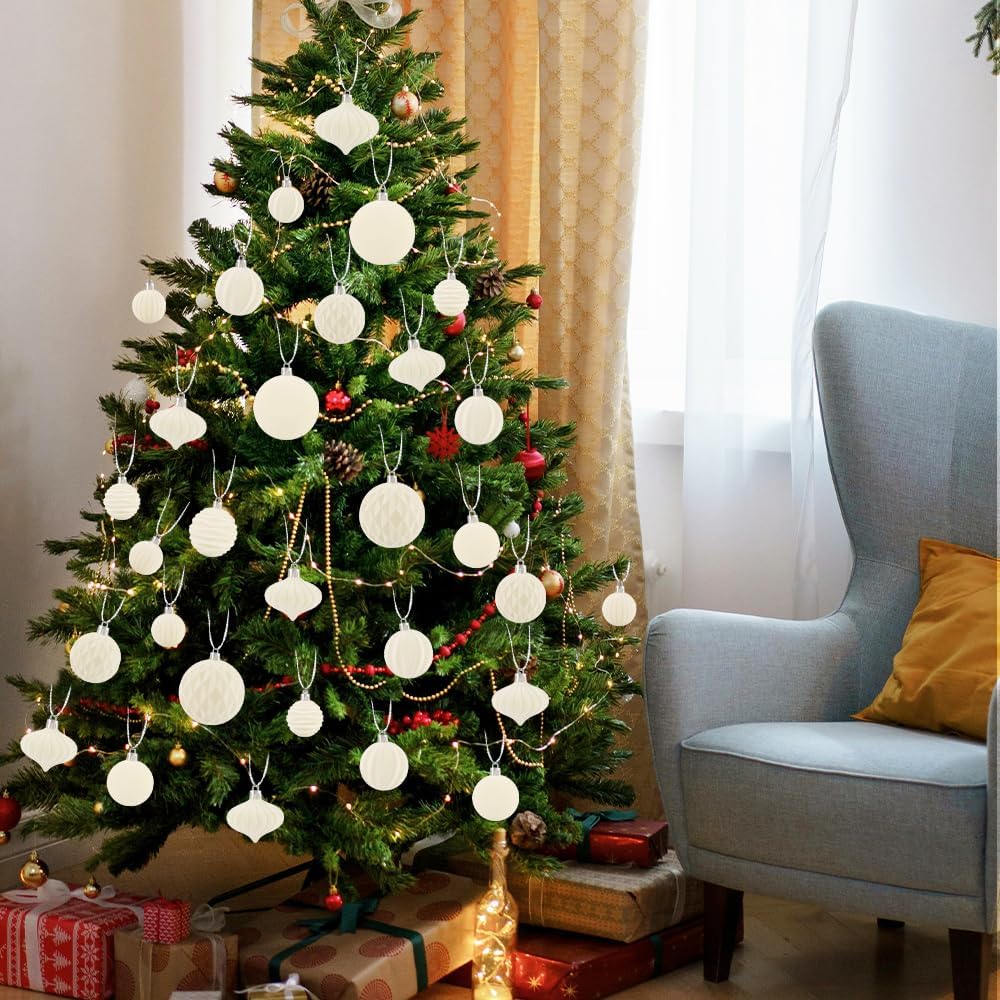 28PCS Velvet Christmas Balls Ornaments, Flocked Shatterproof | Beige Cream Xmas Tree Hanging Decoration Plastic Ball