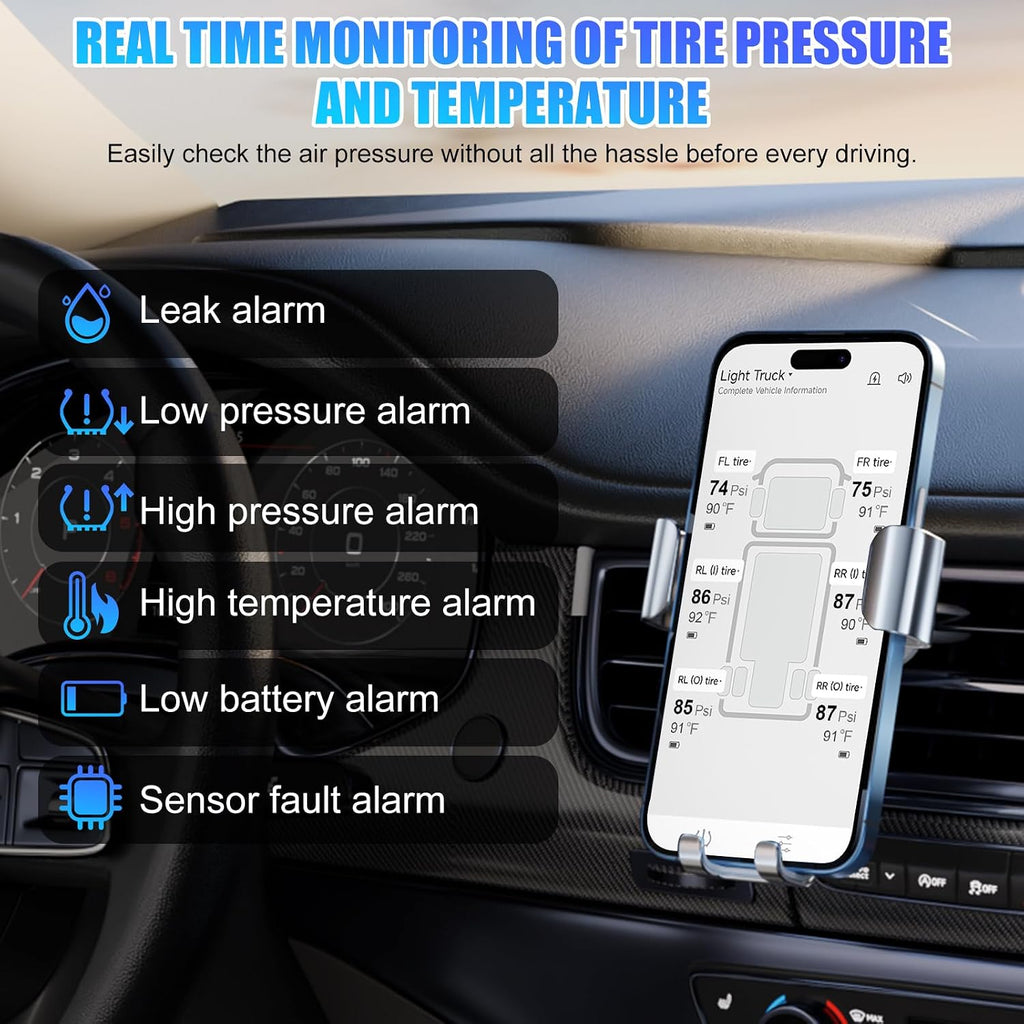 Wireless TPMS System with 6 External Sensors App for iOS Android | RV Tire Pressure Monitoring System, Bluetooth App