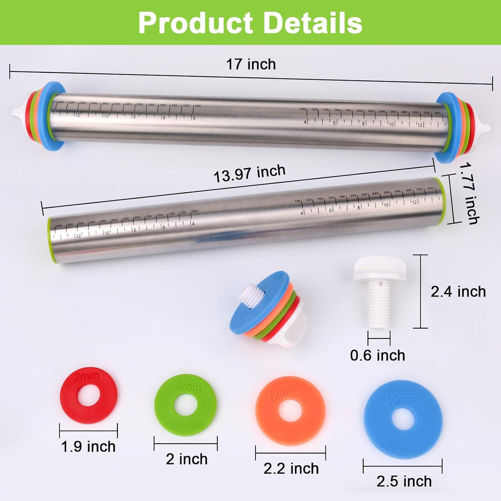 Adjustable Rolling Pin with Thickness Rings for Baking, Stainless Steel Designs Dough Roller Pins for Cookie