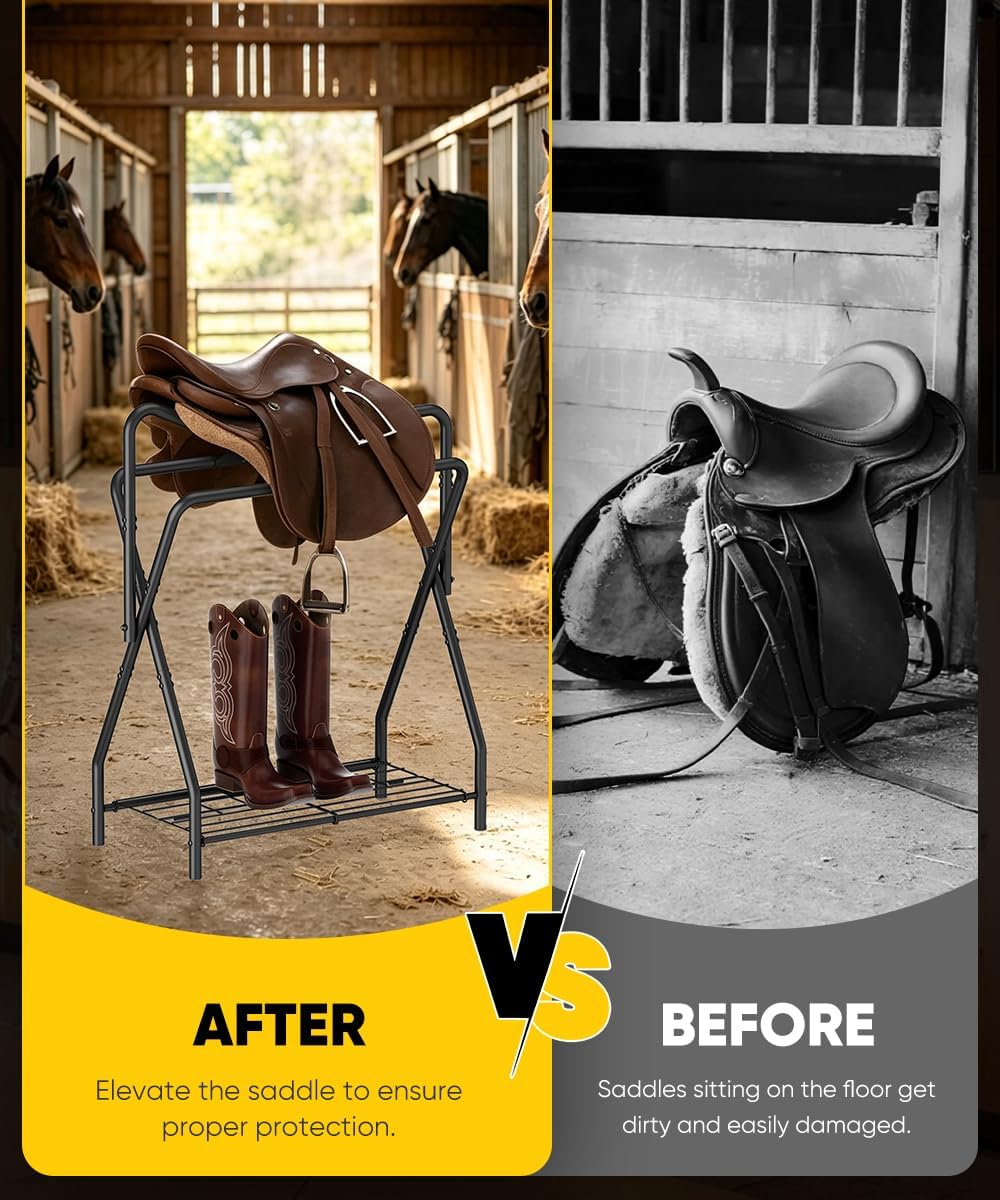 Horse Saddle Rack for English Saddle, Foldable Saddle Stand with Bottom Storage for Horse Tack, Saddle Pad Rack for