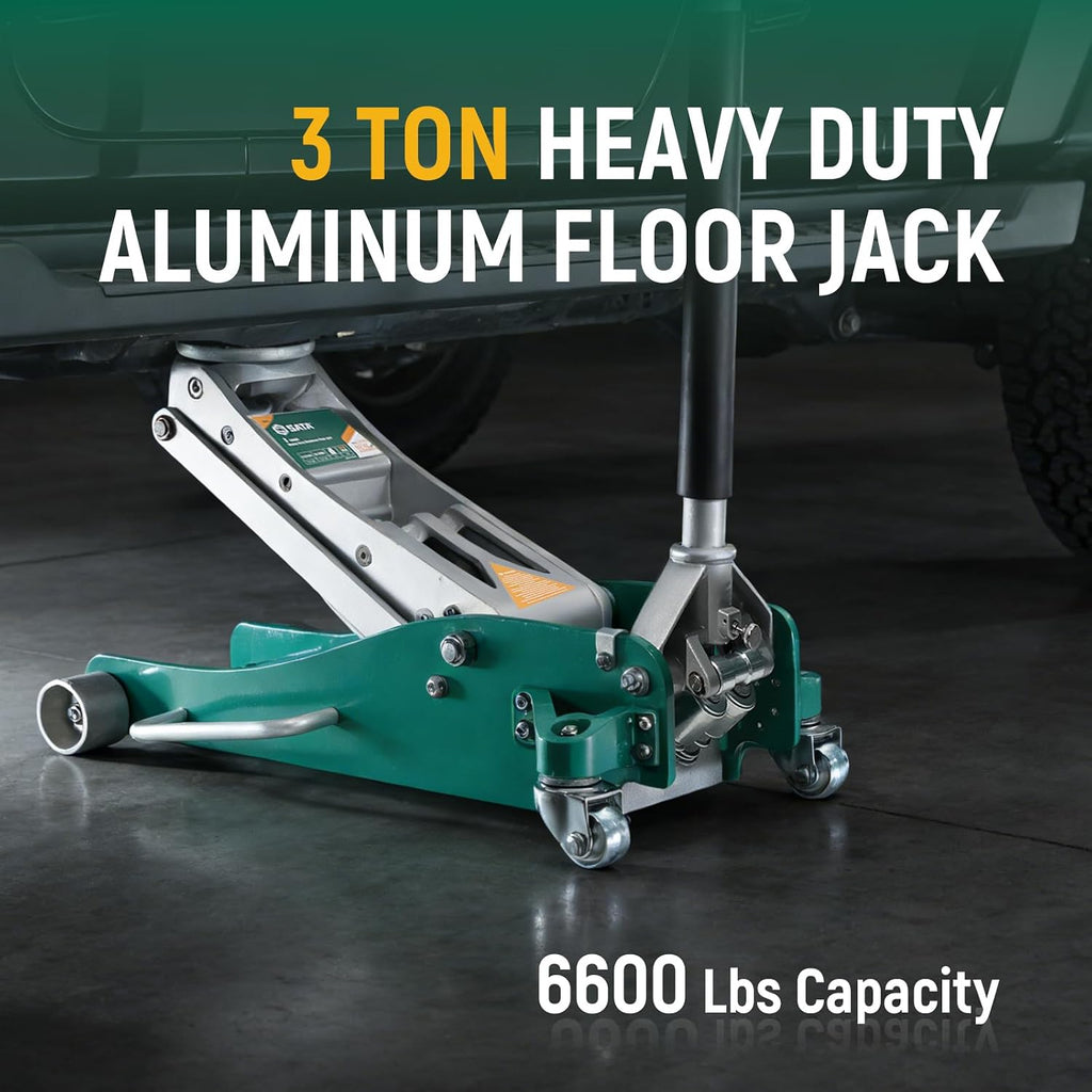 3-Ton (6,600 lb) Aluminum Floor Jack, Low-Profile Design with Dual-Piston Rapid Lift Pump, Tested for 1.5X Overload