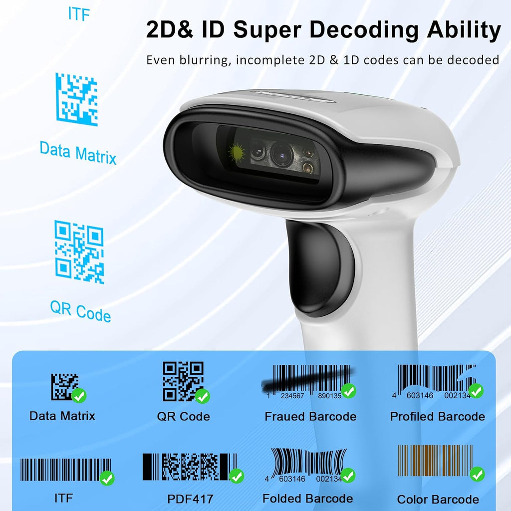 Bluetooth 2D Barcode Scanner 3-in-1 Wireless & USB Wired & Bluetooth Barcode Reader Scanner 1D 2D QR Code Scanner