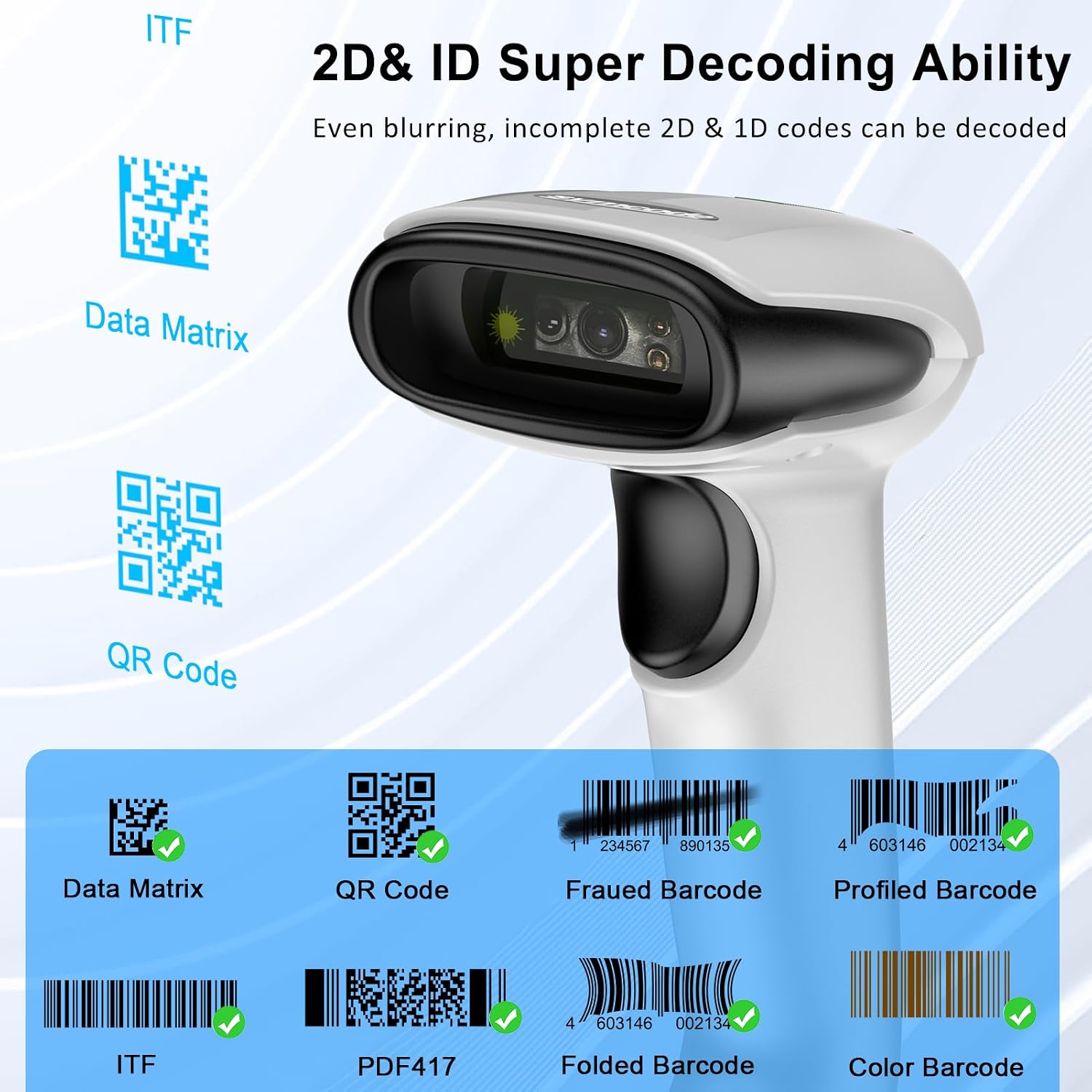 Bluetooth 2D Barcode Scanner 3-in-1 Wireless & USB Wired & Bluetooth Barcode Reader Scanner 1D 2D QR Code Scanner
