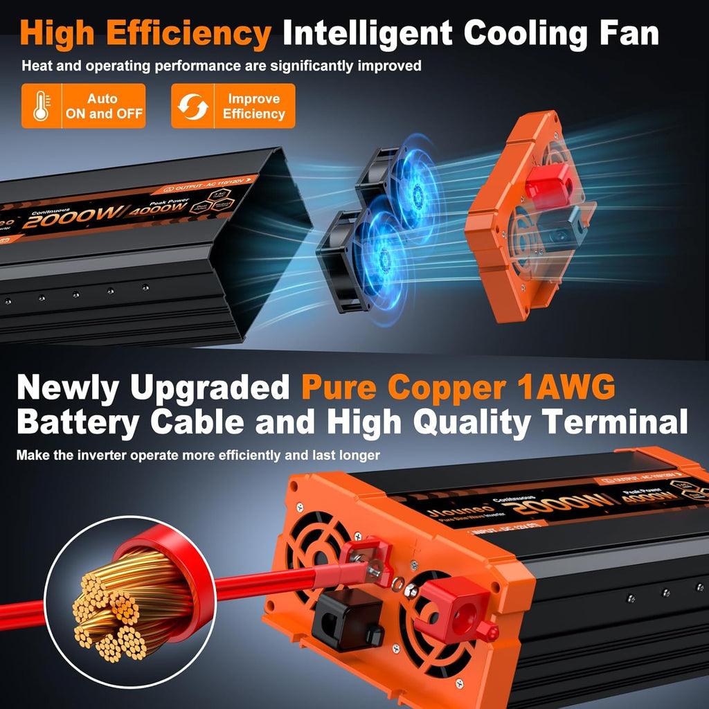 2000W Pure Sine Wave Inverter, 12V DC to 120V AC Power Inverter, 4000W Peak for RV, Truck, Solar, Camping, Home