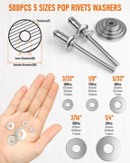 1000PCS Aluminum Pop Rivets Assortment Kit with Washers
