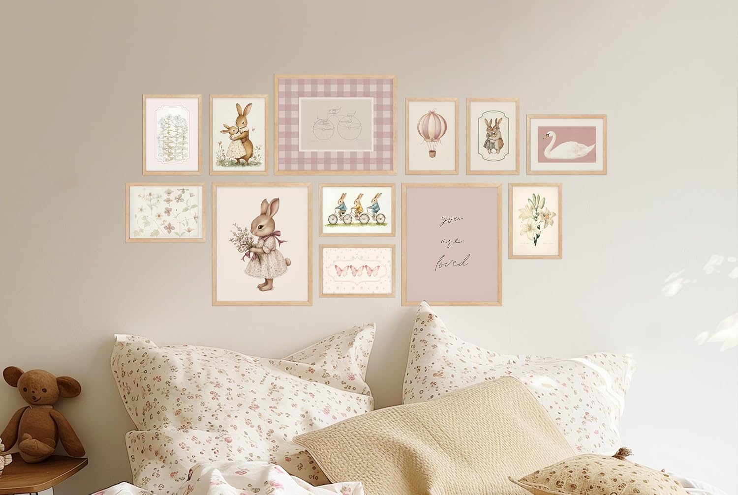 Vintage Nursery Decor for Baby Girls, Pink Rabbit Bunny Wall Art for Toddler Kids Playroom, Swan Animals Posters for