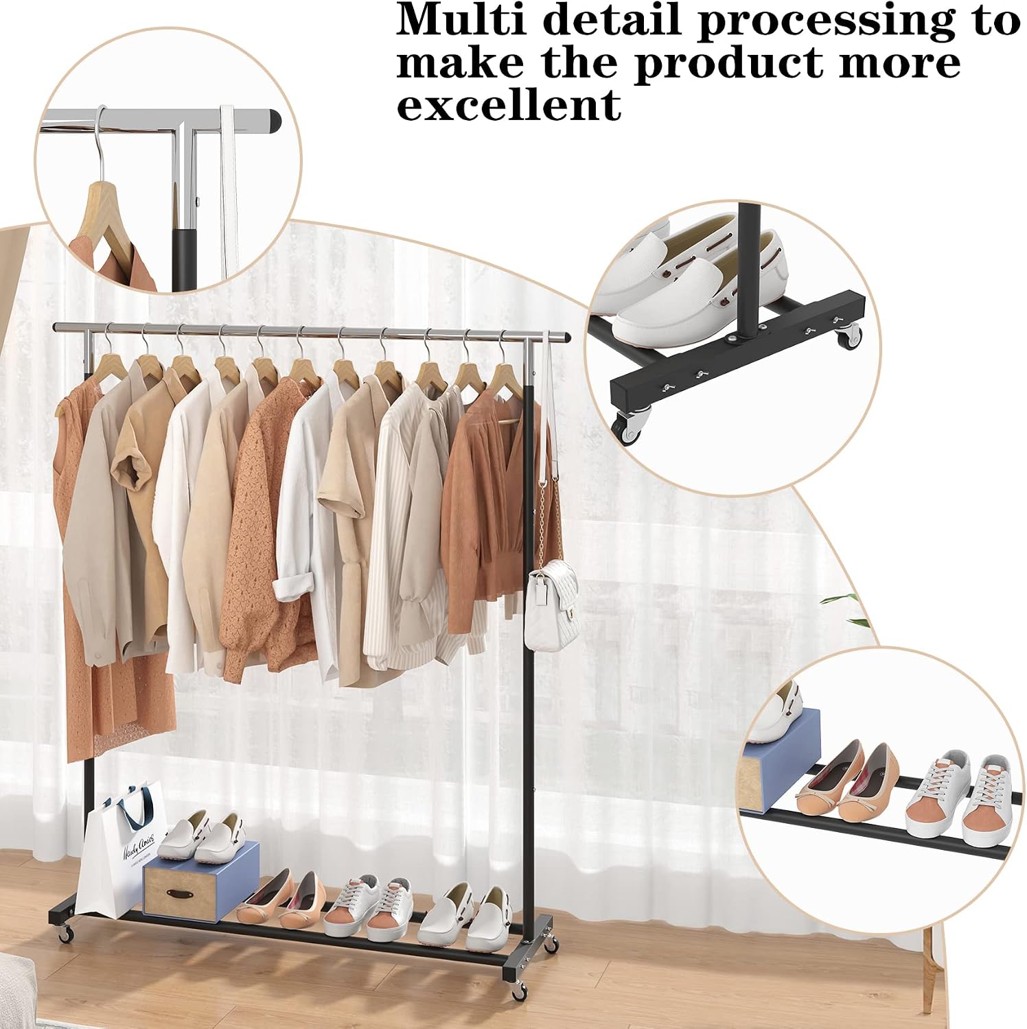 Metal Rolling Clothing Rack Adjustable Freestanding Garment Organizer with Wheels, Space-Saving Design for Home