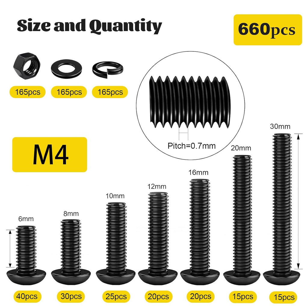 660PCS M4 Hex Button Screws Assortment Kit, M4x6/8/10/12/16/20/30 mm