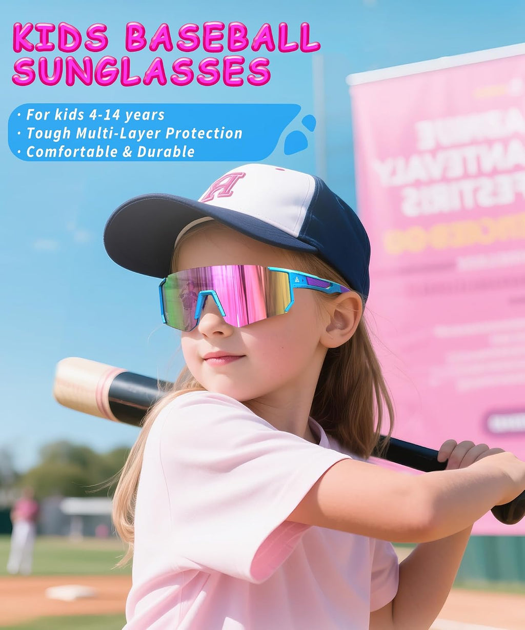 Kids Sunglasses Youth Baseball Softball Sunglasses for Girls Boys Age 4-14 UV Protection Sports Kids 3 Pack