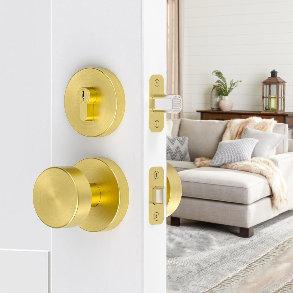 Gold Door Knob with Deadbolt Lock, Satin Brass Front Door Handle with Deadbolt Lock Set, Round Deadbolt and Exterior